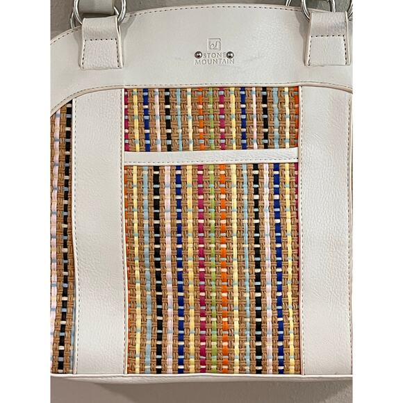Stone Mountain Multicolor Straw Satchel Bag White Faux Leather Trim - Picture 6 of 16